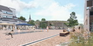 Visualisierung mit Blick von der Turnhalle her über den neuen Dorfplatz mit Wasserspiel, im Hintergrund die Kirche. (Illustration: zvg)